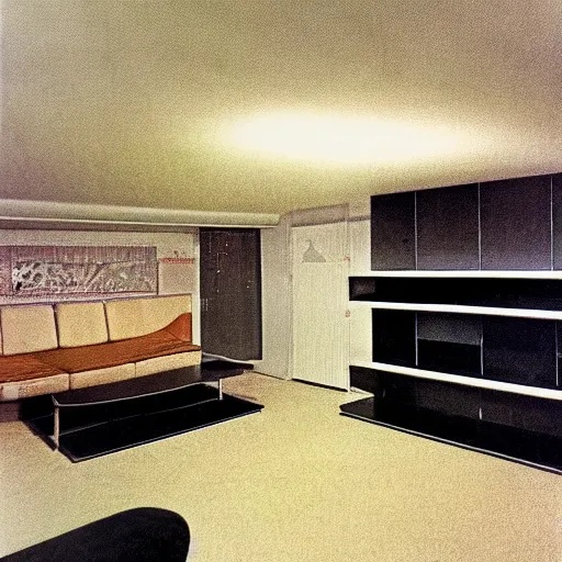 Prompt: basement of a furnished 1970s house