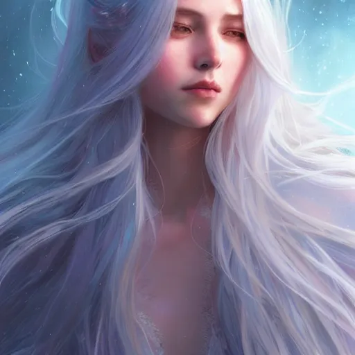 Image similar to girl with super long hair, hair becoming white snow, intricate, highly detailed, digital painting, artstation, concept art, smooth, sharp focus, illustration, unreal engine 5, 8 k, art by artgerm and greg rutkowski and alphonse mucha