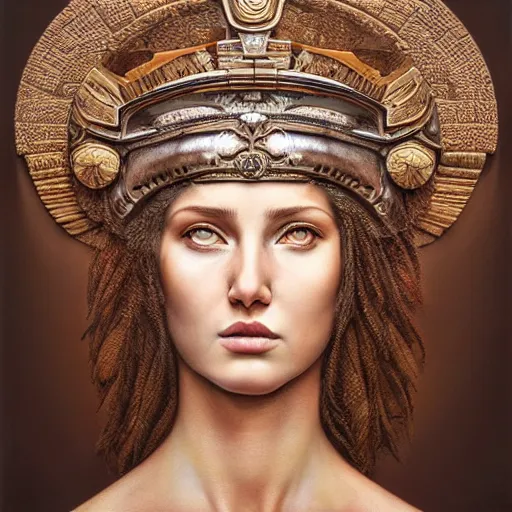 Image similar to hyperrealistic mixed media painting of beautiful goddess Athena, stunning 3d render inspired art by P. Craig Russell and Barry Windsor-Smith, perfect facial symmetry, dim volumetric lighting, full full full full face face face face face 8k octane beautifully detailed render, post-processing, portrait, extremely hyper-detailed, intricate, epic composition, brown brown brown eyes, realistic realistic realistic eyes, cinematic lighting, masterpiece, trending on artstation, detailed detailed detailed, masterpiece, stunning