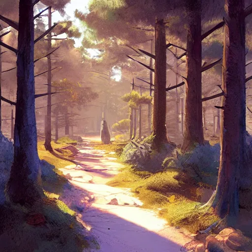 Prompt: Pines forest pathway in Avila. by Craig mullins, Steve Purcell, Ralph McQuarrie. Trending on artstation. Centered image, no background
