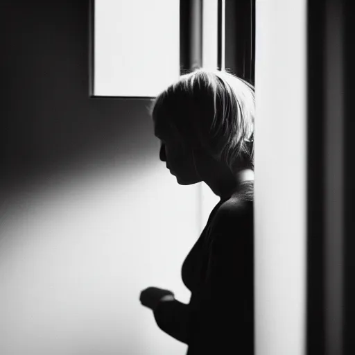 Prompt: black and white photograph portrait of a depressed 35 years old woman standing by the window, natural light, lomo, fashion photography, film grain, soft vignette, sigma 85mm f/1.4 1/10 sec shutter