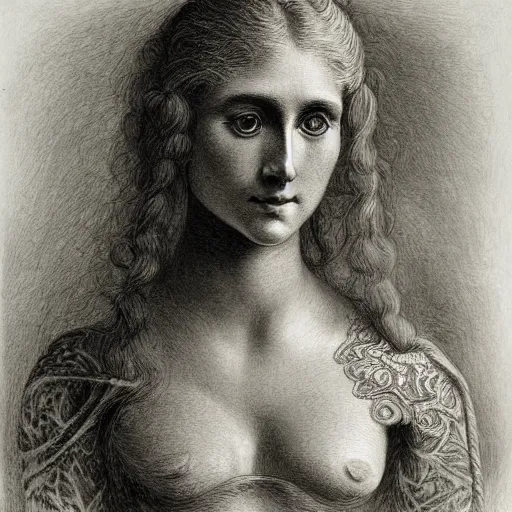 Prompt: bw linear pencil drawing woman portrait by ernst haeckel