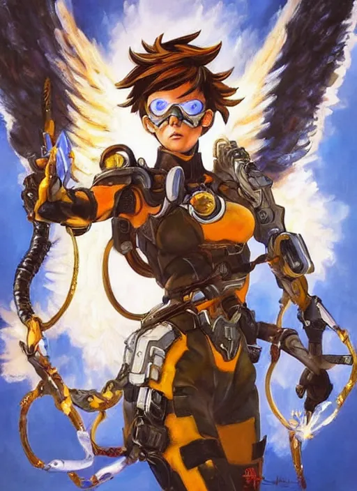 Image similar to full body oil painting of tracer overwatch in the style of frank frazetta, angel wings, dramatic painting, symmetrical composition, ornate, golden chains, high detail, gold detailed collar!!!!!, blooming, angelic, lights, flowers, heavenly, bright, detailed face,