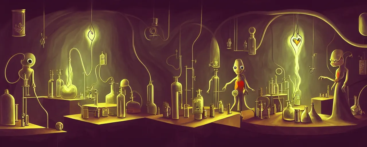 Image similar to uncanny alchemist chthonic creatures inside an alchemical lab within the left ventricle of a human heart, dramatic lighting, surreal fleischer cartoon characters, surreal painting by ronny khalil