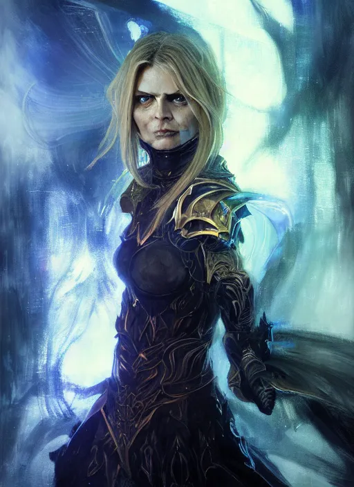 Prompt: portrait of michelle pfeiffer as mage wearing arcane light armor, fantasy, large anime eyes, cinematic lighting, by jeremy mann