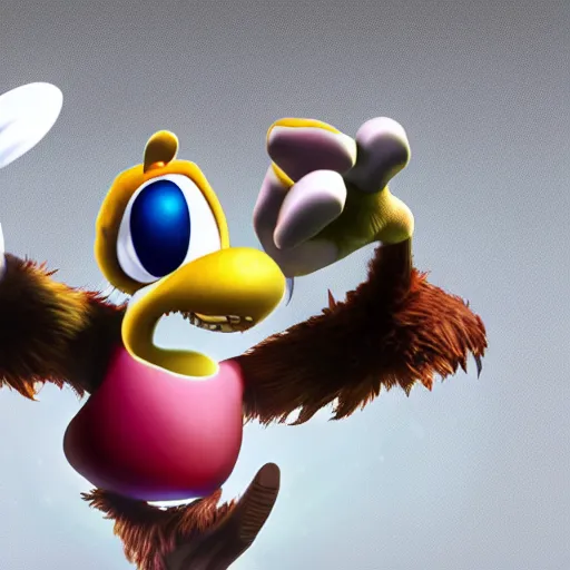 Prompt: hyper realistic render of rayman, white background