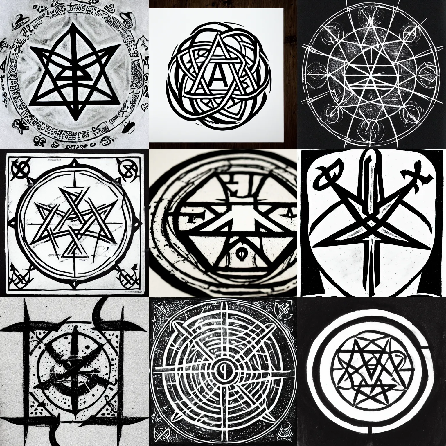 Prompt: the divine logos, represented by alchemical symbols, black ink stamped on off white paper, fine detail
