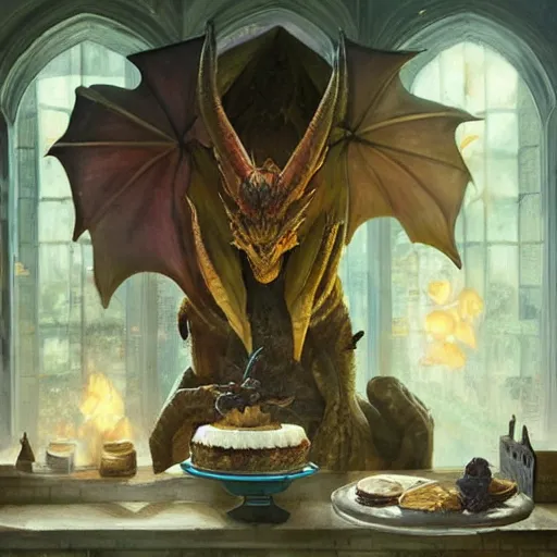 Prompt: Dragon with a body made of cake, sleeping on the kitchen counter of a magical bakery, oil painting, by Fernanda Suarez and and Edgar Maxence and greg rutkowski