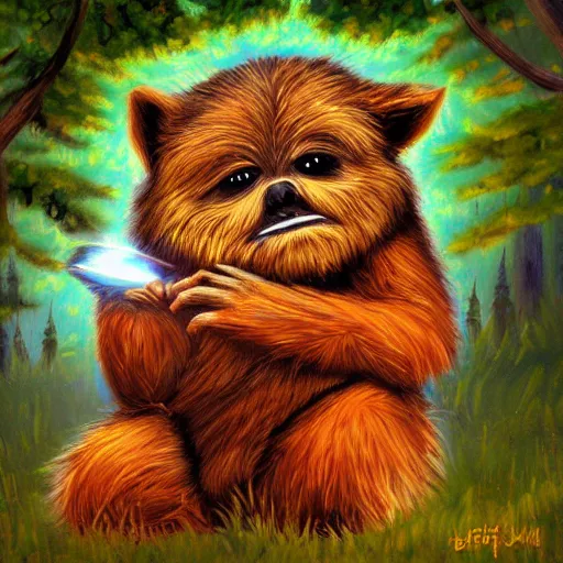 Image similar to a cute ewok painting a picture of the sunset in the forest, digital art, colourful