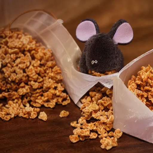 Image similar to a professional photo of a new package for Mouse Krisp Cat Snax, dramatic cinematic studio lighting