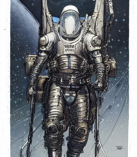 Image similar to Knights Templar wearing space power suit concept art, pen and ink, intricate line drawings, by John Harris, Emil Melmoth, Craig Mullins, yoji shinkawa, artstation, moebius comic, Marc Simonetti, lan McQue, Kentaro, Miura, hyper detailed, cinematic