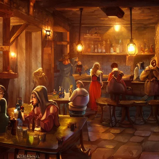 Image similar to medieval tavern with barmaid and patrons drinking, artstation, fantasy, high details, digital art