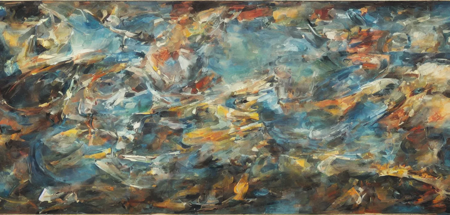 Image similar to painting of splashing of water in a giant mirror, small elongated planes, representation with abstraction, frenetic oil painting, values as flat shapes