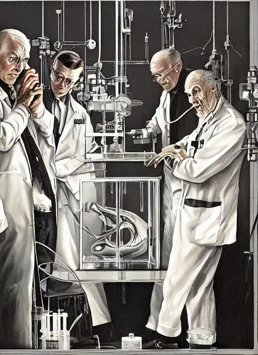 Prompt: pulp 50s illustration of scientists in a science fiction future laboratory studying a giant squid inside a glass container , by tom lovell and dean cornwell and norman rockwell, photoreal, character concept art, artstation