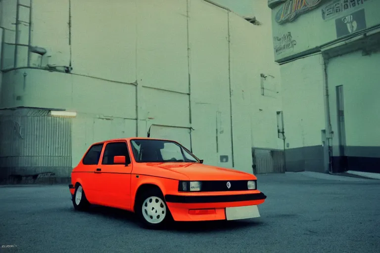 Image similar to stylized poser of a single 1985 Volkwagen GTI, thick neon lights, ektachrome photograph, volumetric lighting, f8 aperture, cinematic Eastman 5384 film