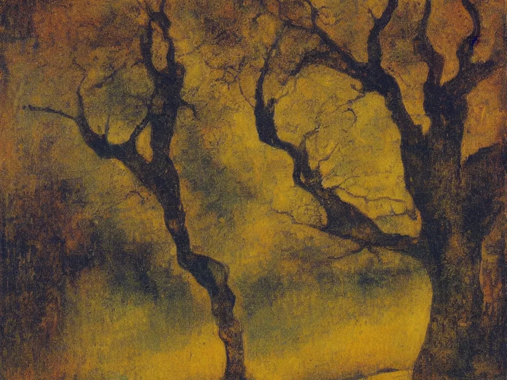 Prompt: portrait of an old tree. painting by odilon redon