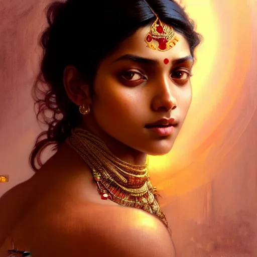 Image similar to Portrait of an indian girl with black hair, brown skin, glowing skin, fantasy, intricate, elegant, highly detailed, digital painting, artstation, concept art, smooth, sharp focus, illustration, art by Krenz Cushart and Artem Demura and alphonse mucha