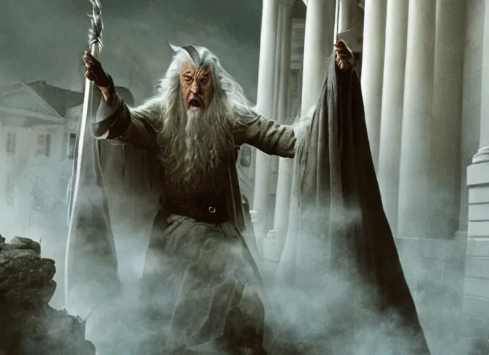 Image similar to gandalf attacks the white house, film still in the new batman movie, 4 k