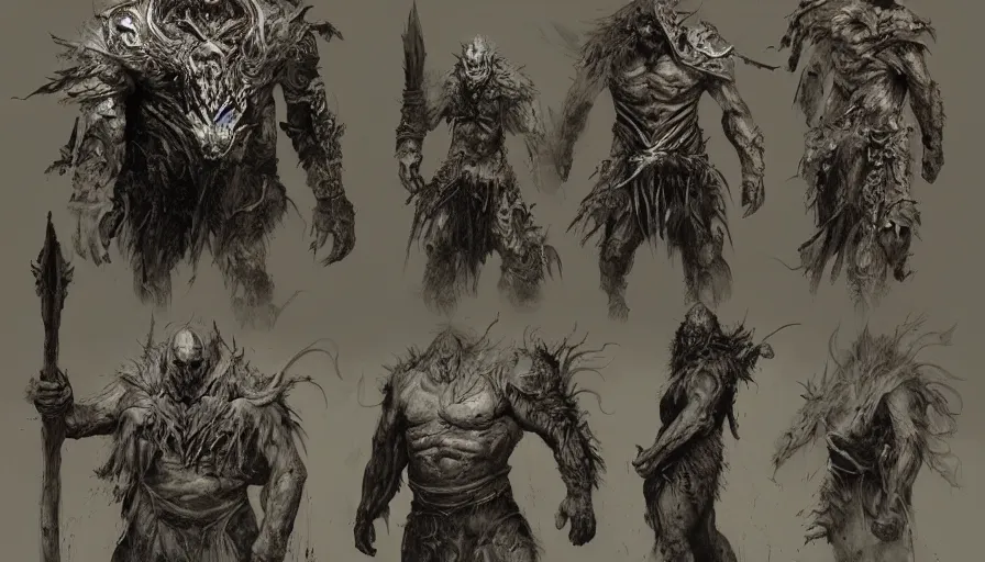 Image similar to feral chieftain charector concept sheet, beksinski, ruan jia, the hobbit orc concept, dark soul concept