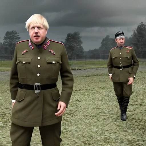 Image similar to Boris Johnson with Waffen SS officers body, realistic artstyle, wide shot, dramatic lighting, octane render, hyperrealistic, high quality, highly detailed, HD, beautiful, cinematic, 8k, unreal engine, facial accuracy, symmetrical