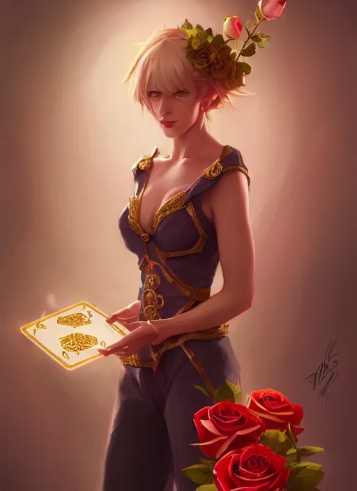 Prompt: female magician, wide angle view, roses, flowers, gold, diamonds, highly detailed, artgerm, cushart krenz, artstation, soft light, sharp focus, illustration, character design, concept art