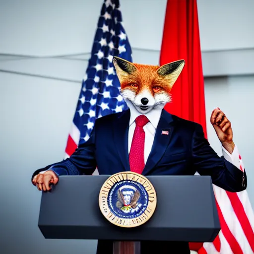 Prompt: a fox animal dressed in a suit giving a presidential press conference, 8 5 mm f / 1. 4