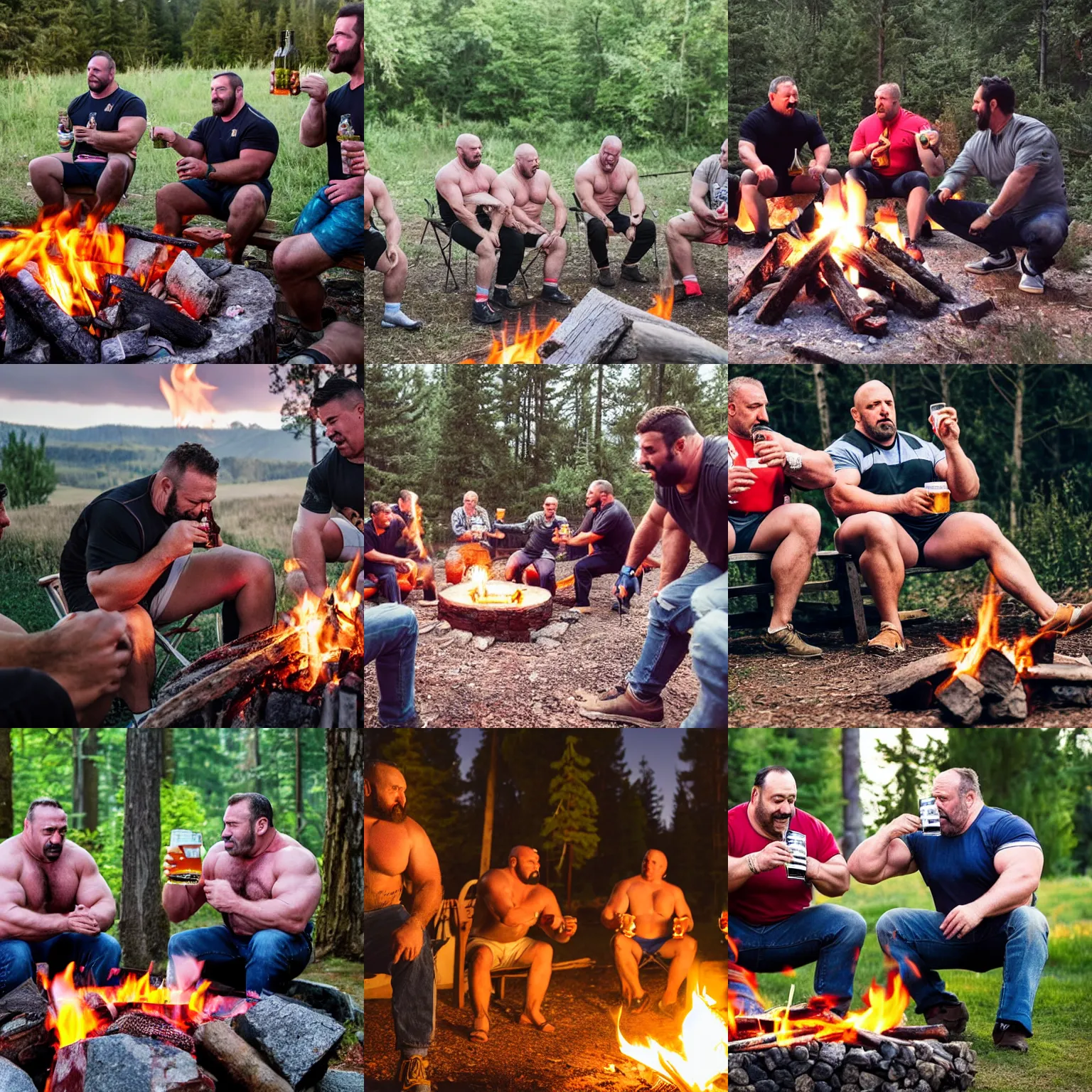 Prompt: gay strongmen dads drinking beers around a campfire, photography