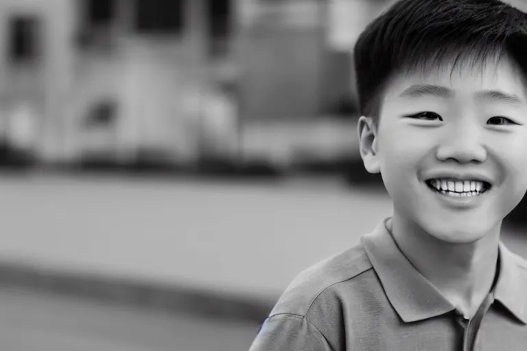 Prompt: still photo of a korean boy smiling at the camera on the street, black and white color aesthetic, highly detailed, photorealistic portrait, bright studio setting, studio lighting, crisp quality and light reflections, unreal engine 5 quality render