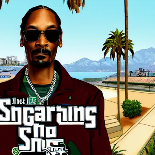 Image similar to Snoop Dogg in GTA V. Los Santos in the background, palm trees. In the art style of Stephen Bliss.