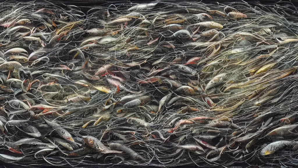 Prompt: Thousands of dead fish in space, fish hooks, seaweed, highly detailed, yuumei, Adam duff lucidpixul, natural lighting, dark atmosphere, digital painting, creepy and dark feelings, metal fishing hooks and nets everywhere, in the background there is an image of the earth dying