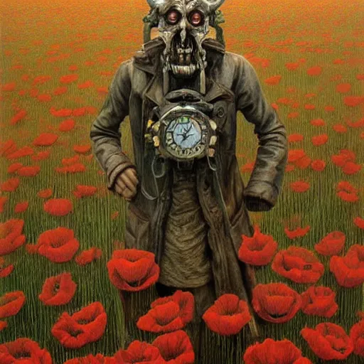 Image similar to a hyperrealistic painting of a steampunk demon in a feild of poppies, by john kenn mortensen and zdzislaw beksinski, highly detailed, vivid color,