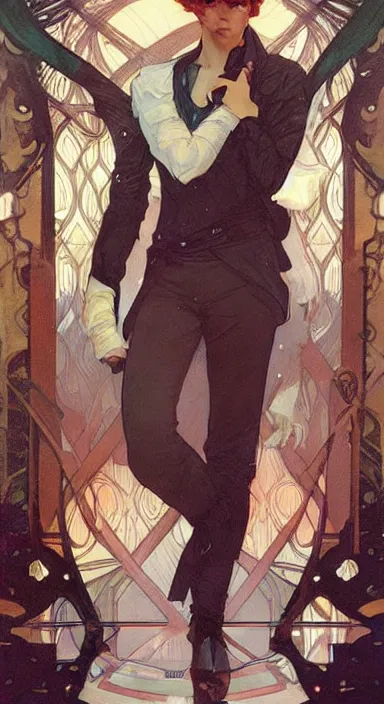 Prompt: Pretty fantasy catboy in his twenties wearing fancy clothes. Beautiful digital art by Greg Rutkowski and Alphonse Mucha. Cat ears