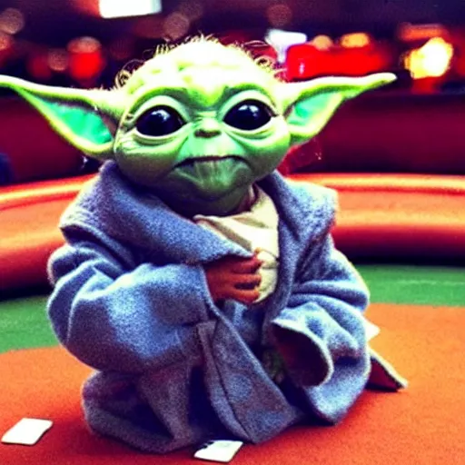 Image similar to baby yoda in a casino playing poker