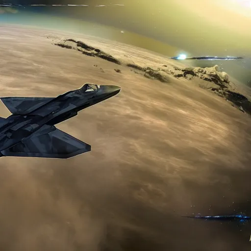 Image similar to Epic aerial dogfight between F-22 raptor and an alien spaceship, sci-fi art, 8k