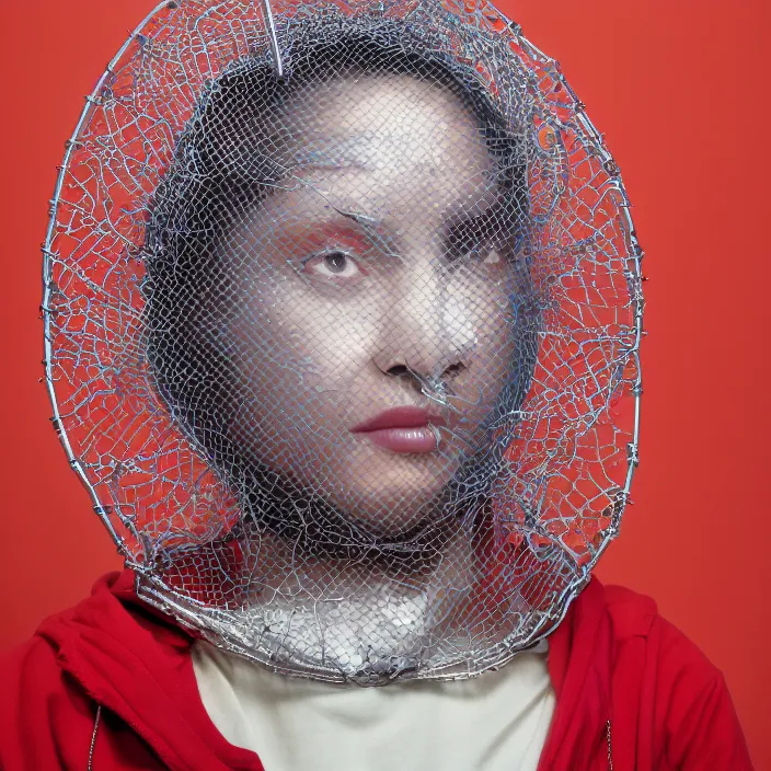 Prompt: a closeup portrait of a woman wearing a hood made of wire and plastic, in a laundry mat, color photograph, by kehinde wiley, canon eos c 3 0 0, ƒ 1. 8, 3 5 mm, 8 k, medium - format print