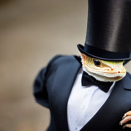 Image similar to dslr portrait still of a bearded dragon wearing a top hat and bow tie, 8 k 8 5 mm f 1. 4