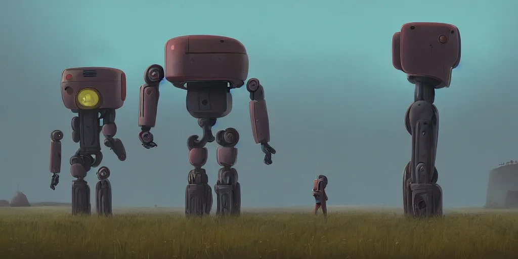 Prompt: robot and human in a landscape by simon stalenhag