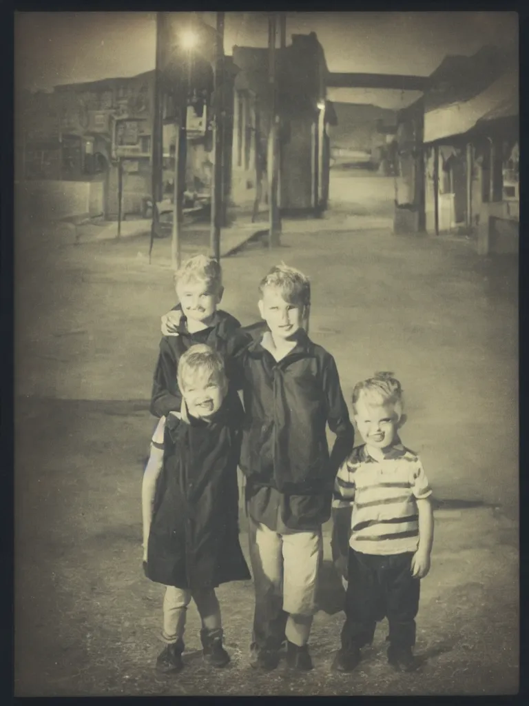 Image similar to two kids posing for a picture at night, dark, backlighting, small village, town square, old color polaroid