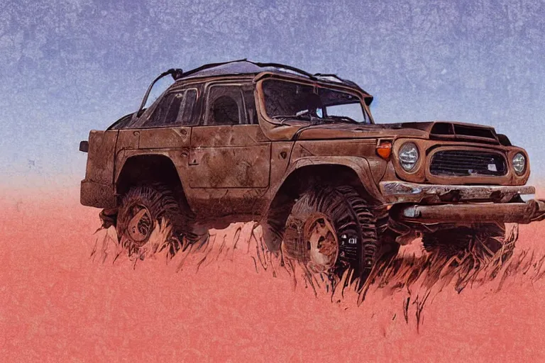 Image similar to digital illustration of mad max's fj 4 0 decrepit pursuit special, rusty nissan fj cruiser 1 9 8 0 s, the last v 8 interceptor by makoto shinkai, ilya kuvshinov, lois van baarle, rossdraws, basquiat