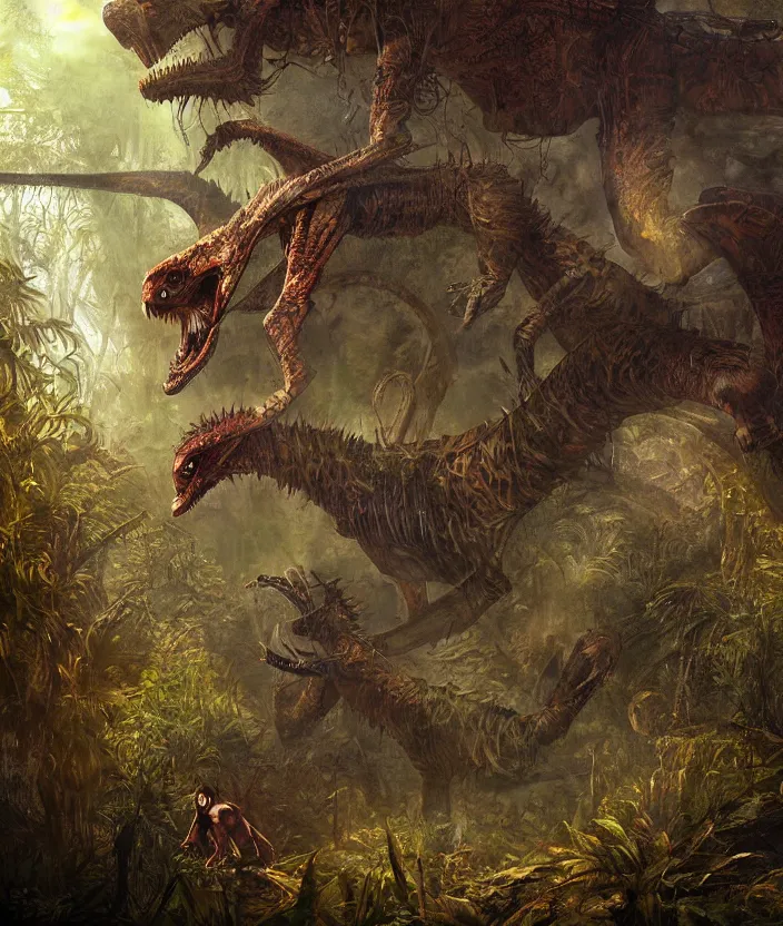 Prompt: Raptor stalking in the jungle, mysterious, fantasy artwork, godrays, warm colors, by seb mckinnon