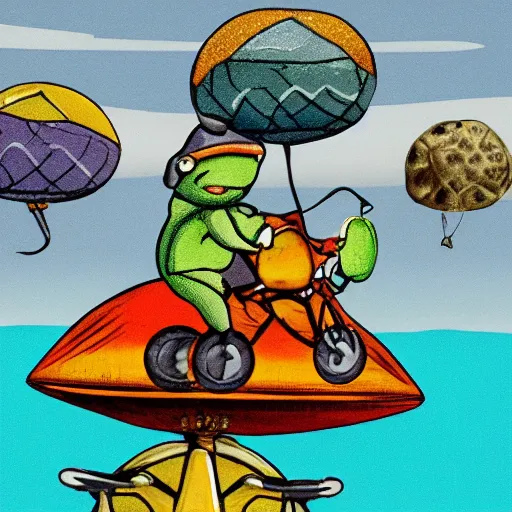 Image similar to a tiny motorbike, riding a bicycle, on the sea, on a giant turtle, eyes in the background