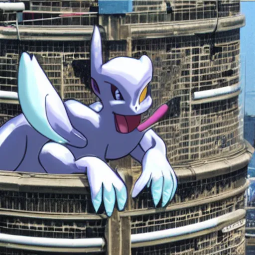 Image similar to MewTwo on top of a water tank in Newark, Pokemon