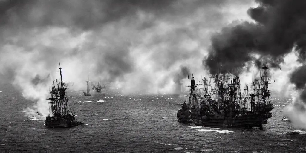 Prompt: steampunk naval battle, shots fired, clouds of smoke, wide shot, 120 black and white film