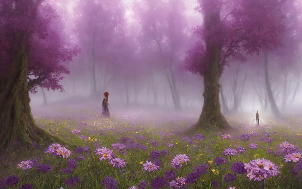 Prompt: an expanse of purple flowers, fir trees in the distance, fog, gloomy atmosphere, fantasy, intricate, elegant, highly detailed, digital painting, artstation, concept art, smooth, sharp focus, illustration, art by artgerm and greg rutkowski and alphonse mucha, wlop