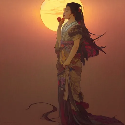 Prompt: matte painting of a geisha on sunset, alphonse mucha, james gurney, greg rutkowski, john howe, artstation
