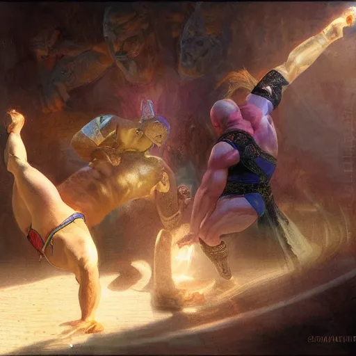 Image similar to bald wrestler breaking blonde wrestler's back, radiant light, caustics, heroic, bright iridescent light, by gaston bussiere, bayard wu, greg rutkowski, maxim verehin, epic wrestling combat, legendary