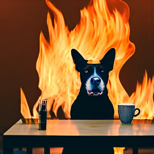 Image similar to a photograph of an humanlike relaxed dog in his house, sitting at a table, ☕ on the table, room is on fire, surrounded by flames, a lot of flames, smoke under the ceiling