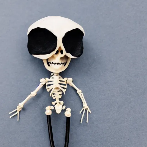 Image similar to an adorable simple ball jointed skeleton doll lovingly crafted by sclupted by hand from porcelain clay on a toy workbench, wearing a little bat poncho hoodie combo with jean shorts, worms eye view, macro camera lens, cinematic, focus