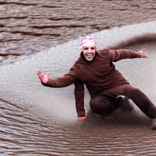 Image similar to a man sliding through brown pudding