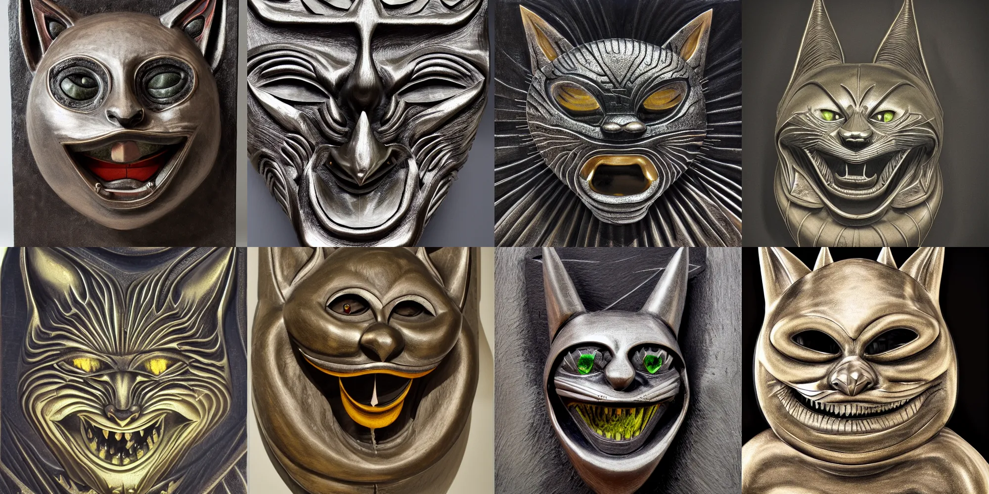 Prompt: metal carving of a grinning evil cat, award winning, in style of giger, h.r.giger, solid metal, chunky, film grain, medium format, 8k resolution, oil on canvas